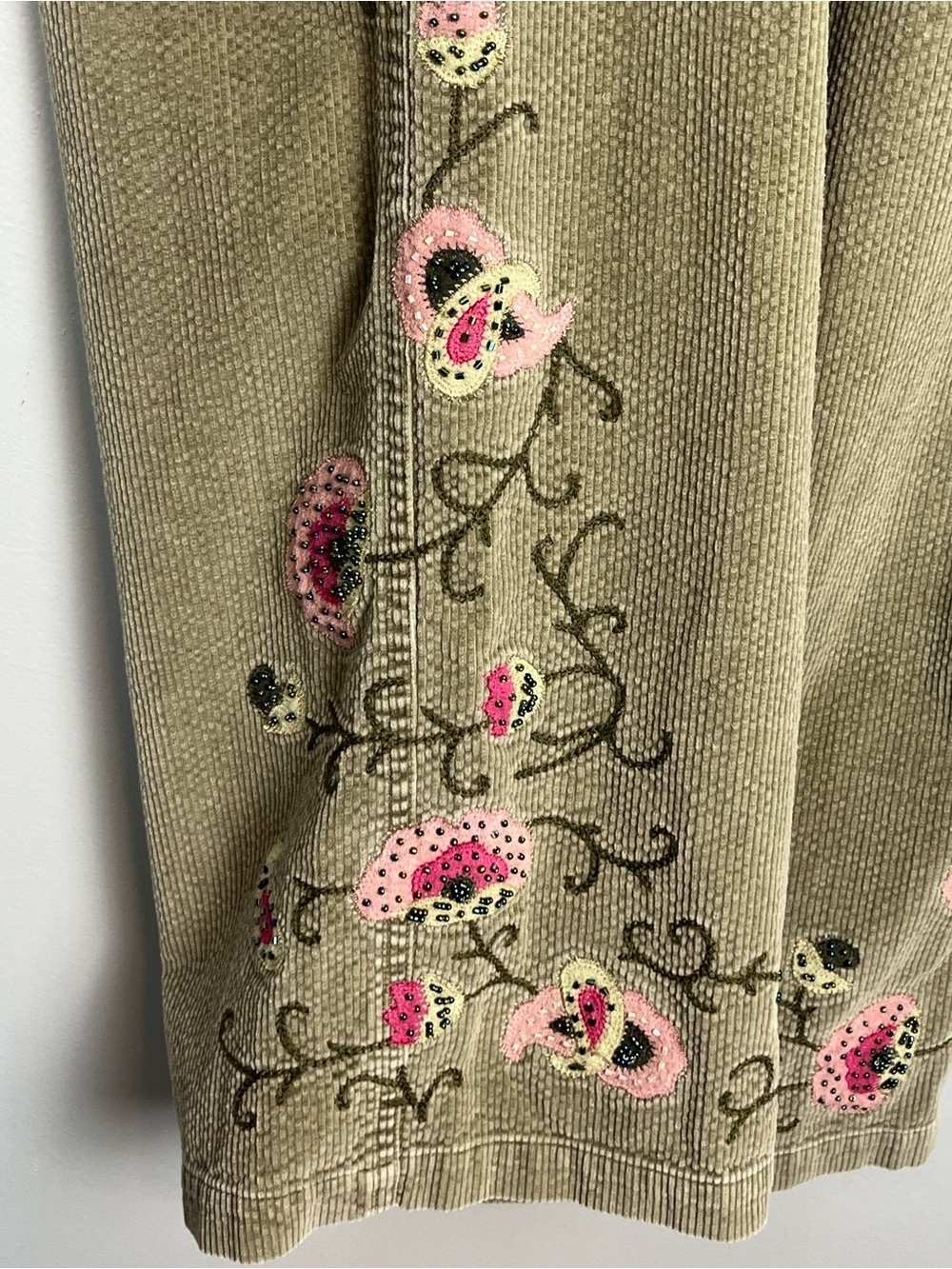 J.Jill green 100% cotton embroidered beaded corduroy straight leg pants, 10P. - Picture 5 of 10